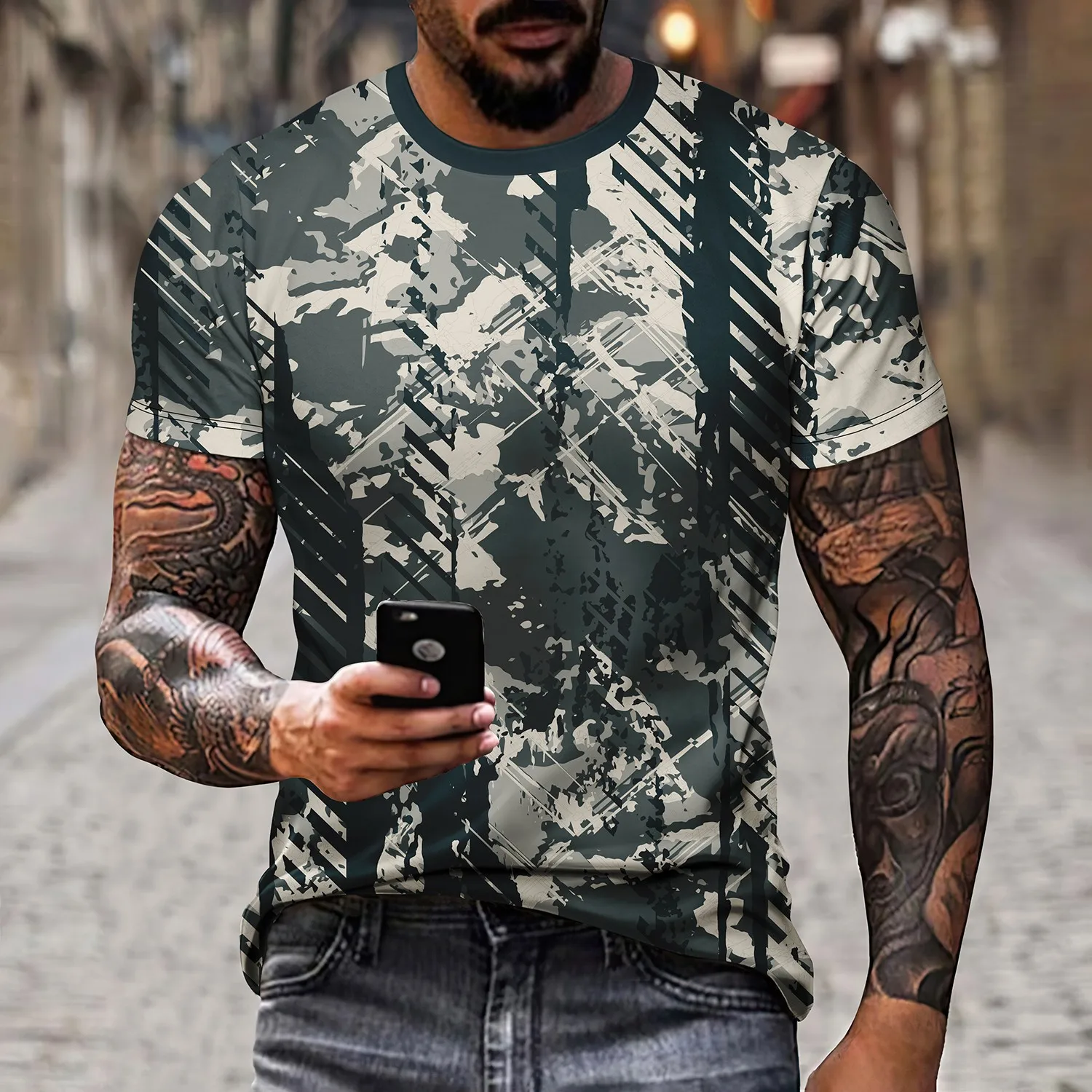 New men\'s fashionable 3D printed round neck short sleeved T-shirt summer casual personality hip-hop street clothing cool T-shirt