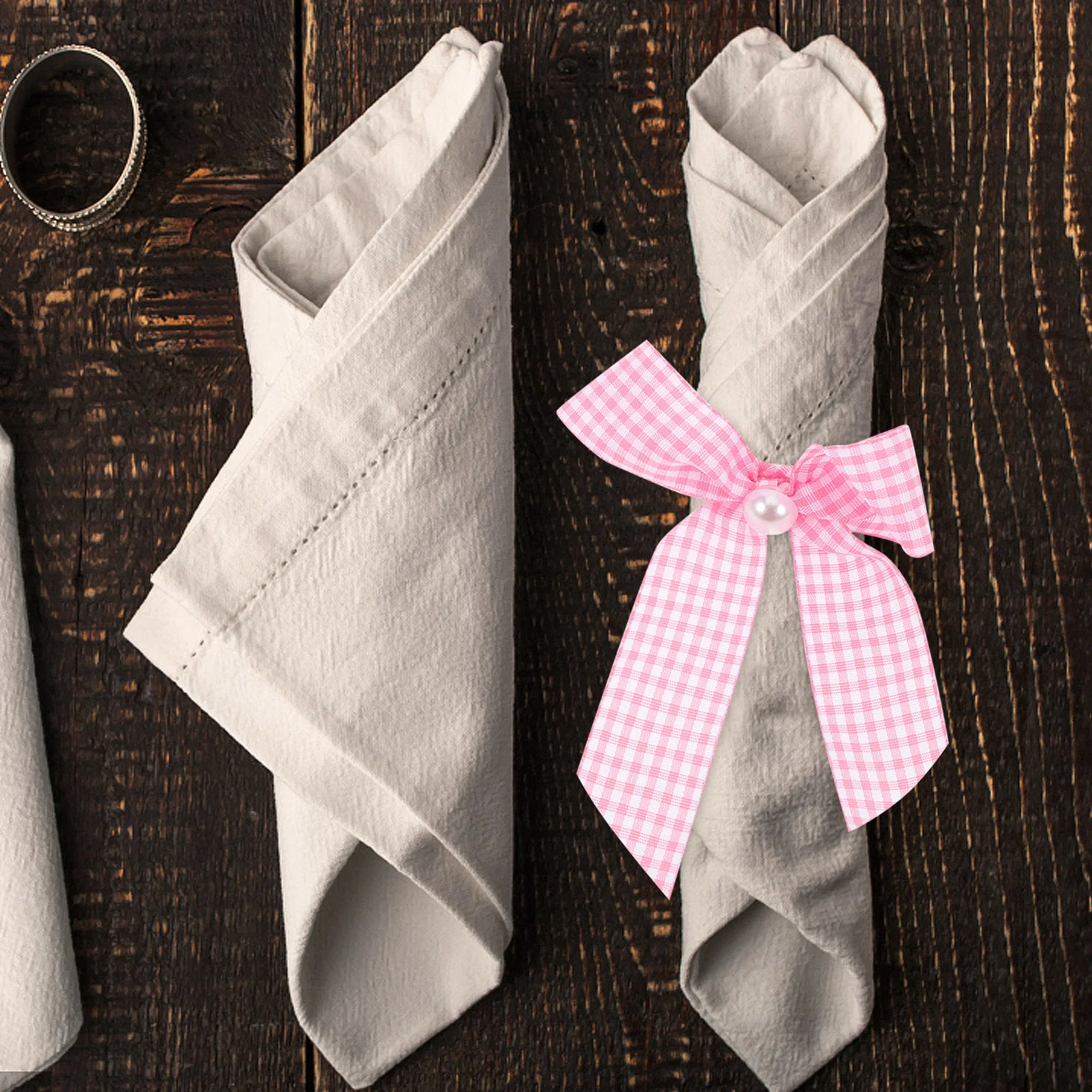 

12Pcs Pink Gingham Bow Napkin Rings Baby Shower Wedding Bridal Brunch Reusable Ribbon Napkin Holder Pearl Checkered