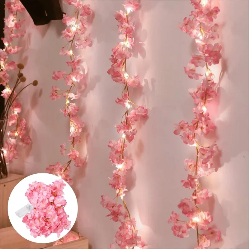 Simulated Pink Artificial Cherry Blossom Vine Fairy Light LED Wire Light String Color Light Wedding Decoration Light Party