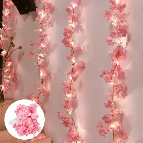 Simulated Pink Artificial Cherry Blossom Vine Fairy Light LED Wire Light String Color Light Wedding Decoration Light Party