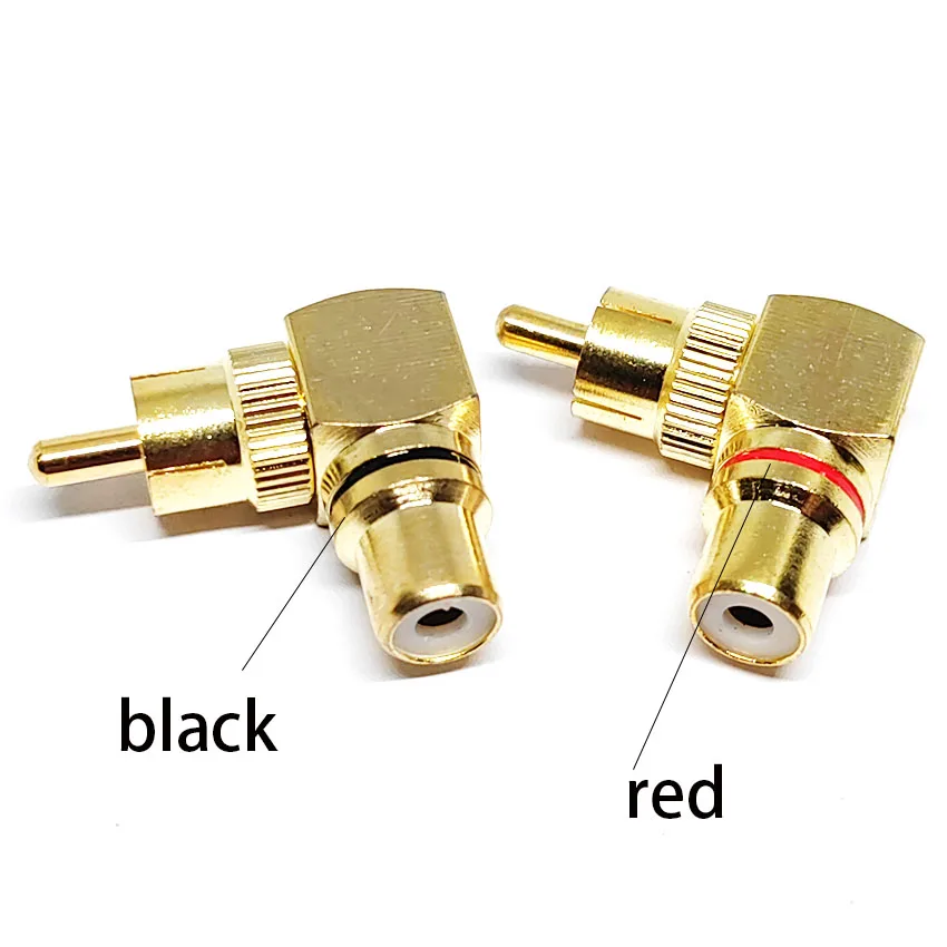 Latão RCA ângulo direito macho para fêmea, conector banhado a ouro, adaptadores de 90 graus, conectores, vermelho e preto Banana Plug Jack, 2pcs