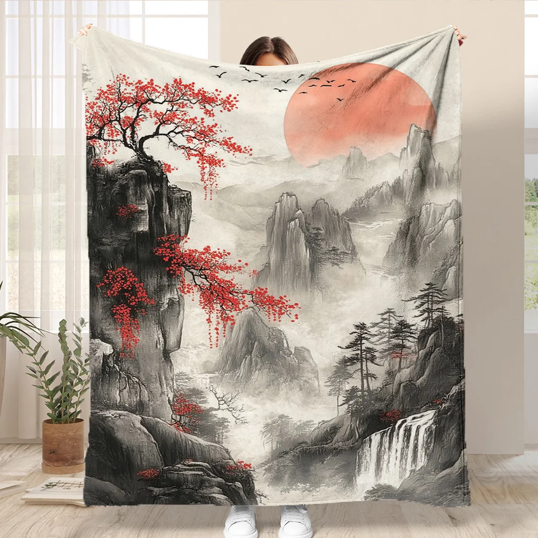 

1 шт. одеяло с принтом чернил вишни, полиэфирная ткань, можно стирать в машине, подходит для украшения спальни и гостиной