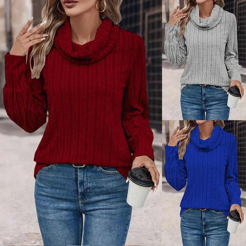 Autumn And Winter New T-shirt Women\'s Fashion Casual Solid Color High Neck Warm Long Sleeved Wine Red Loose T-shirt Women 2024