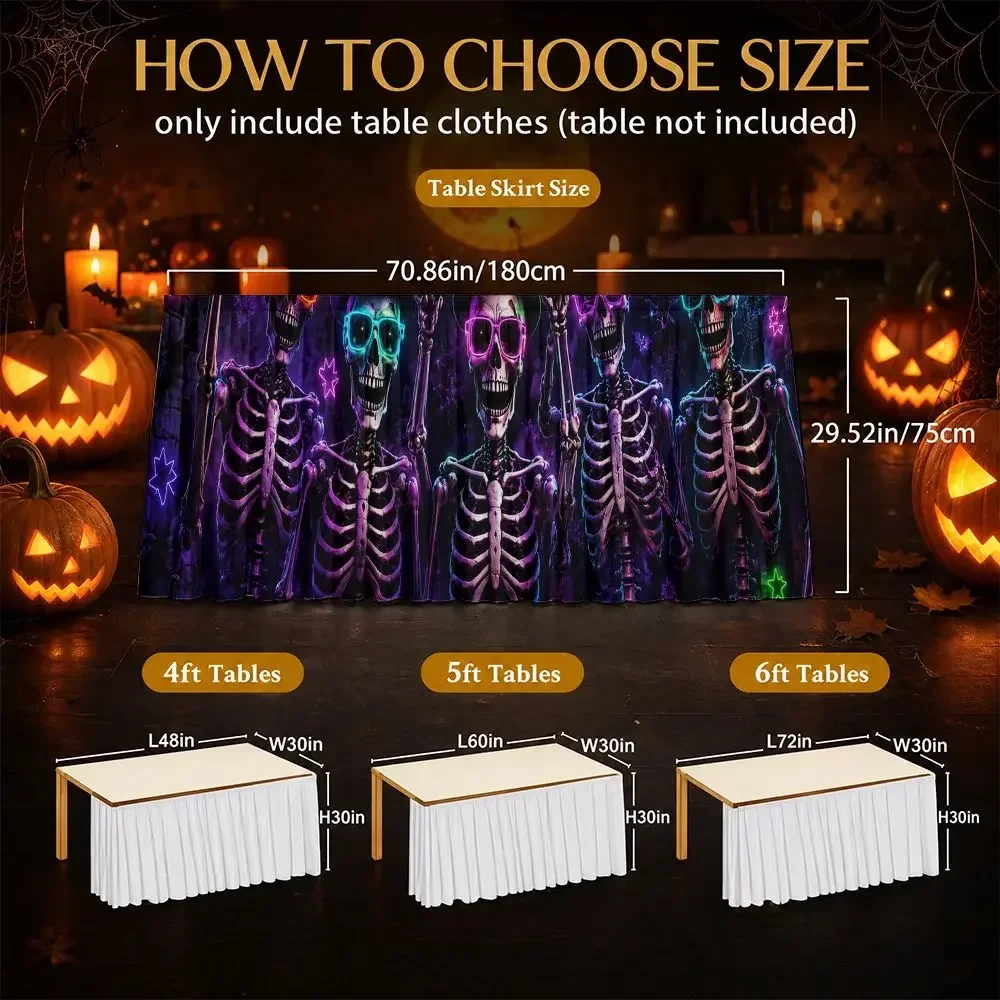 One Halloween party table skirt with a 2D flat purple background featuring glowing skull patterns