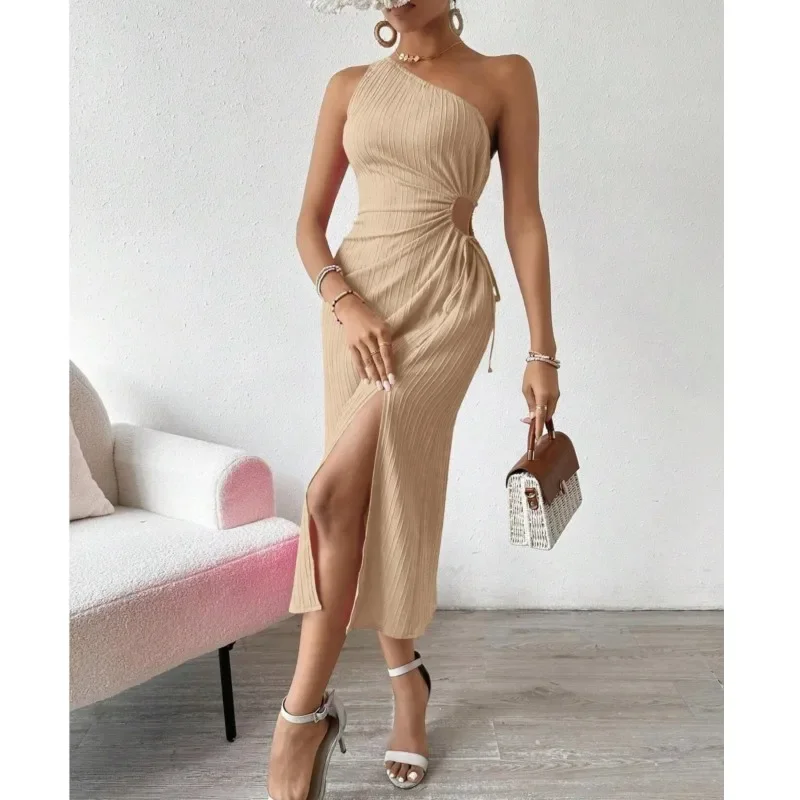 Elegante um ombro midi vestido de festa feminino sem mangas frente divisão rosa vermelho festa clube bege vestidos finos para festas