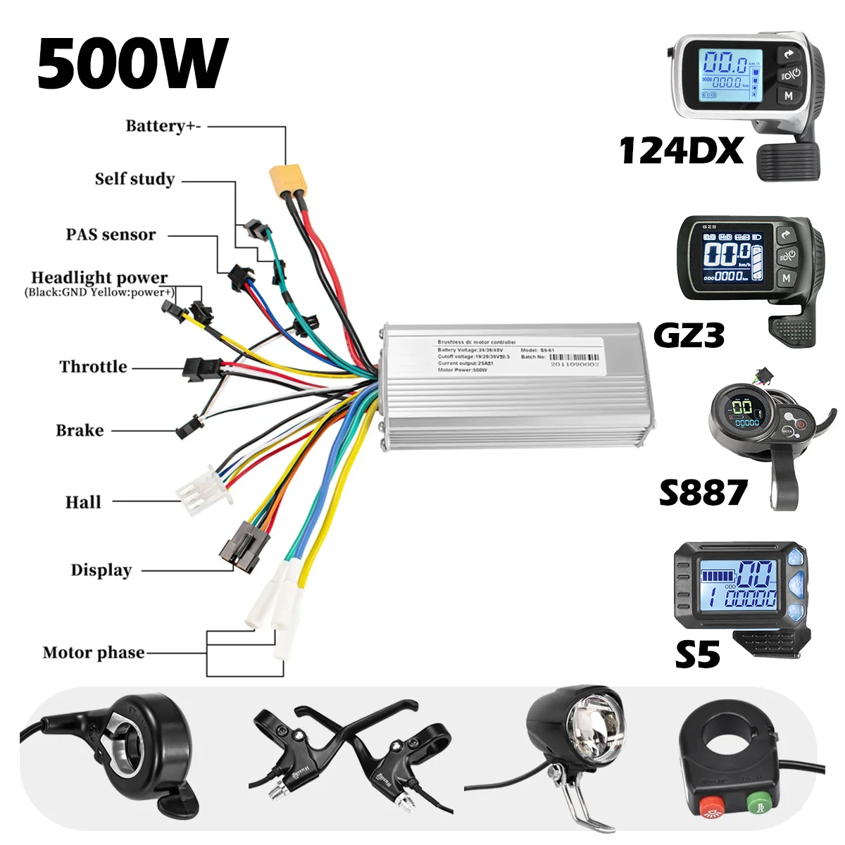 Electric Scooter Controller with LCD S5 124DX GZ3 S887 Display 500W Brushless Controller 24V36V48V E-bike Accessories Parts