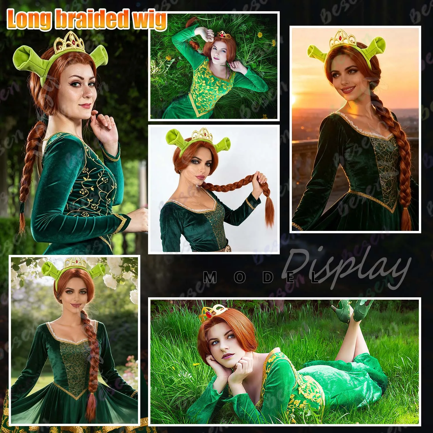 Synthetic Long Braid Reddish Brown Wig+Ogre Green Ears Headband with Princess Crown, Anime Fiona Wig for Halloween Cosplay Party - view 2