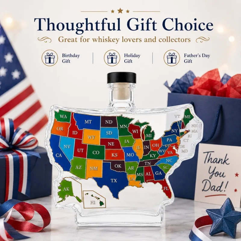 USA Contour Map Glass Whiskey Decanter Color Coded US State Abbreviation Print Lead Free Liquor Storage Bottle American