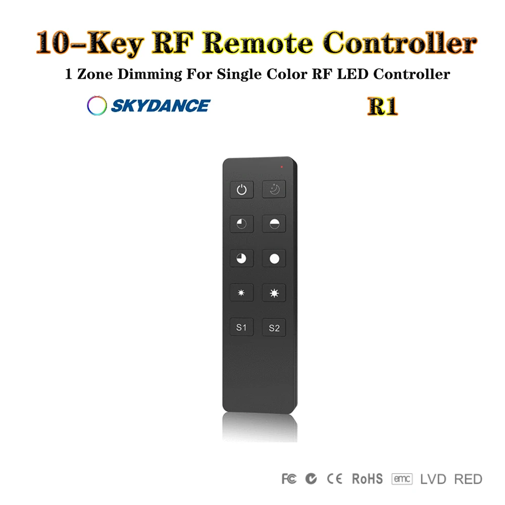 Skydance R1/R2/RU4/RU8 1-8 Zone Dimming 10-Key RF Wireless Remote Controller For Single Color Or Dual Color LED Controller