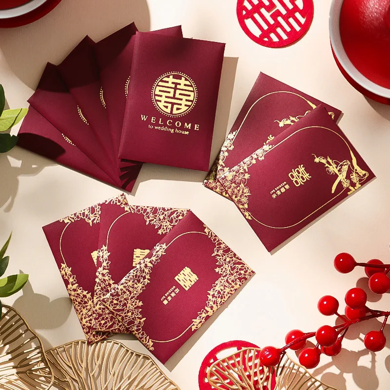 6/10pcs Wedding Red Envelopes Marriage Gift Bag Double Happiness Lucky Pocket Chinese Traditional Hongbao Wedding Decoration