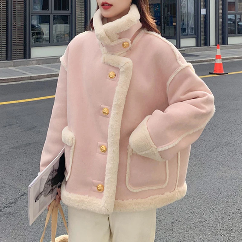 

Winter Faux Fur Sherpa Jacket Female Fashion Single Breasted Fleece Coat Woman Thickened Warm Solid Lapel Women's Top 2023 New