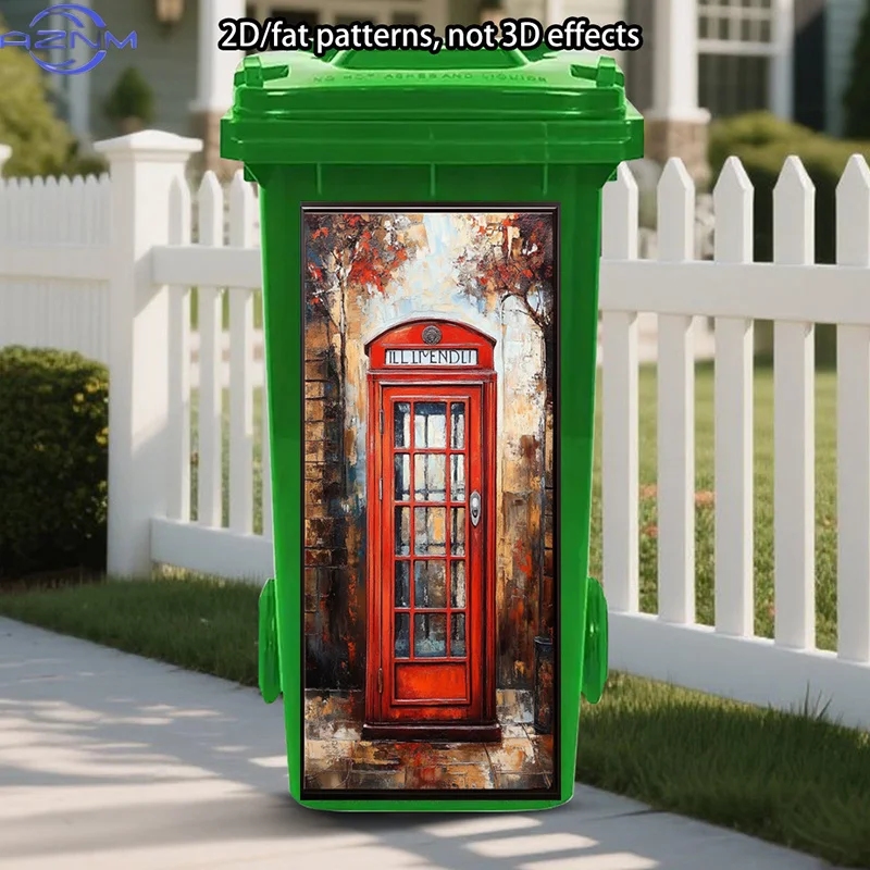 Pegatina Retro para Cubo de Basura con Diseño de Cabina Telefónica Roja, Pegatinas Artísticas Autoadhesivas con Escena Callejera Acogedora, Calcomanía Vintage para Cubo de Basura con Vista a una Villa