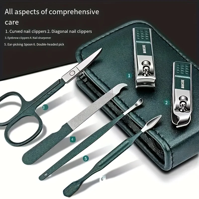 New 6 Pcs Portable Luxury Manicure Sets Pedicure Kits Bright Black Nail Clipper Set Personal Care Tools Eyebrow Scissors