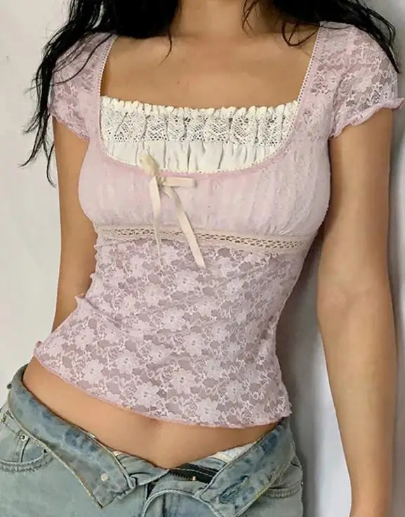 

2025 Spring/summer Lace Hollow Design Top Women's Slim Fit Solid Color V-Neck Spicy Girl T-Shirt