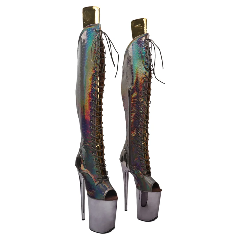 Leecabe 23CM/9inches Holographic Shiny Snake Upper Open Toe Trends Fashion High Heel Platform Stripper Heel Pole Dance Boots