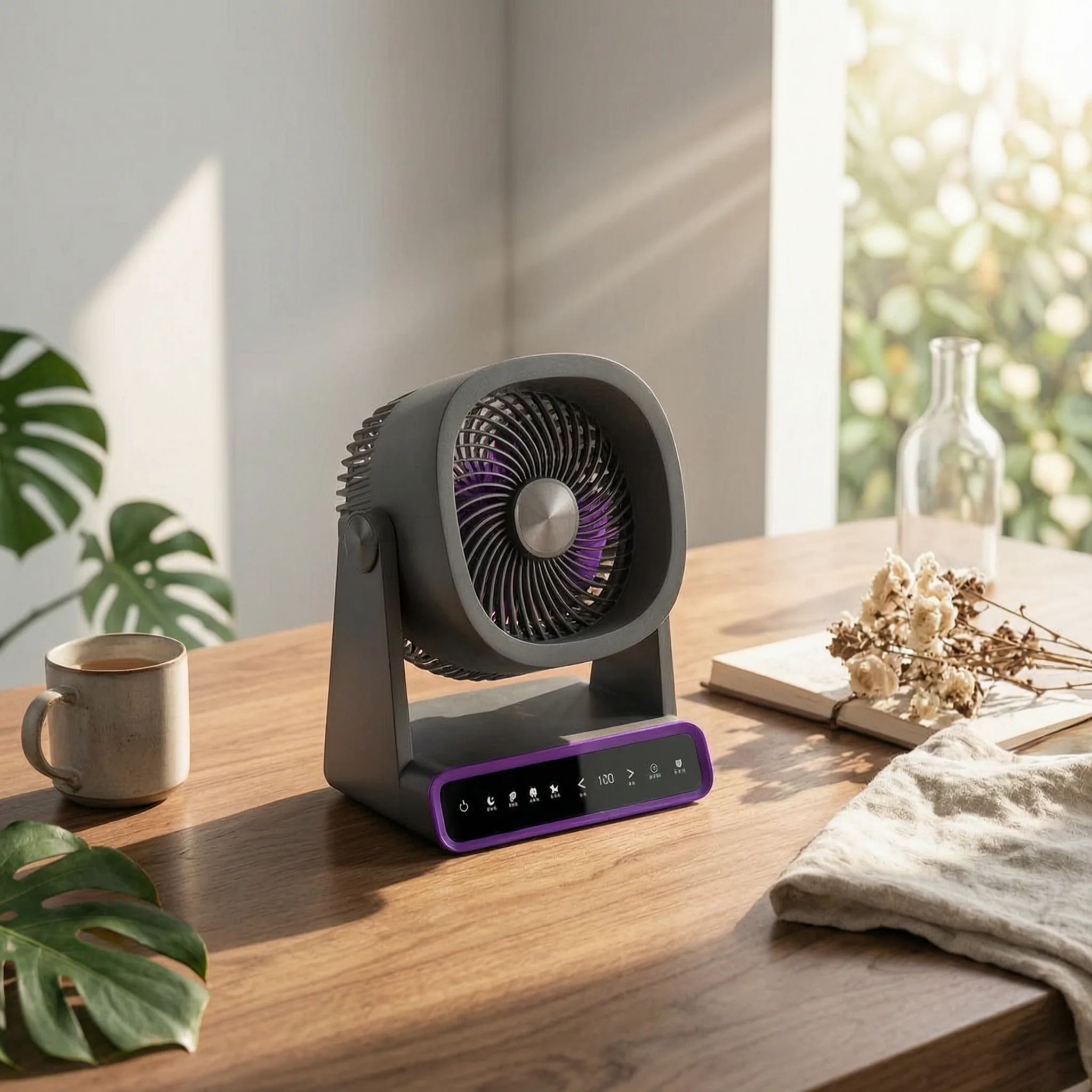 

Rechargeable Tabletop Fan Solar Powered Smart Digital Fan Home Cooling Wireless Charging Compact for Outdoor, Camping
