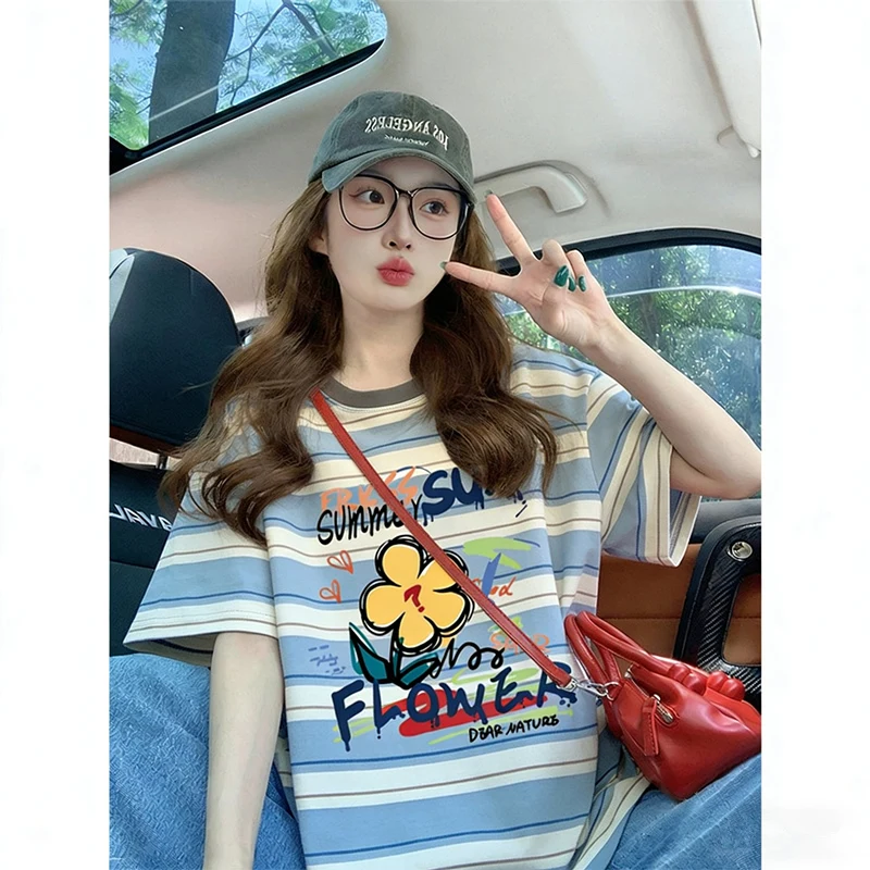 

Floral Color Block Stripe Short Sleeve Women's T-Shirt Summer Slimming Loose Fit Small Size Shoulder Top Korean Style Cotton ...
