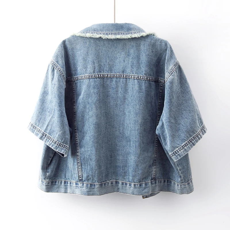 Zomer Vintage Lichtblauw Kort Denim Jasje Verzwakte Bramen Grote Zak Revers Korte Mouw Single-Breasted Jeans Jas Vrouwelijke Jas