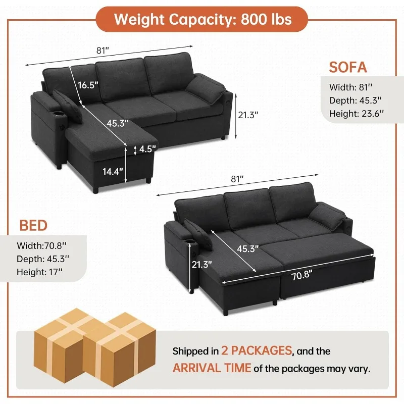 Sofa Bed, Sleeper Sofa Couch with Pullout Bed for Living Room, L Shaped Couch with Storage Chaise, USB, Cup Holder (Da