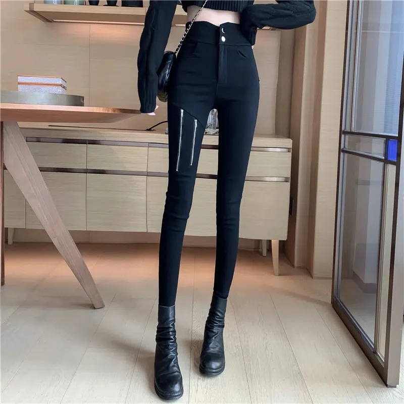 Women Pants Korean Style Spring Winter Woman Stretch Pants Fashion Zippers Lady Casual Slim Thin Straight Trousers Long Pants