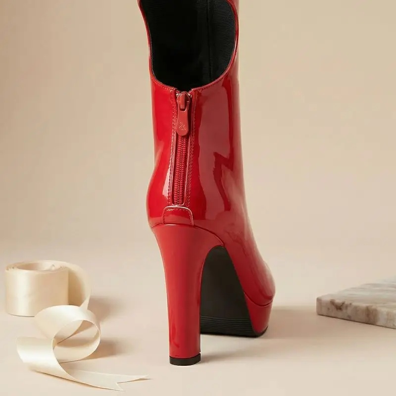 REAVE CAT Red Over Knee High Sandals Peep Toe 12cm Block Heel 3cm Platform Zipper Elastic Band Big Size 44 45 Sexy Party Shoes view 6