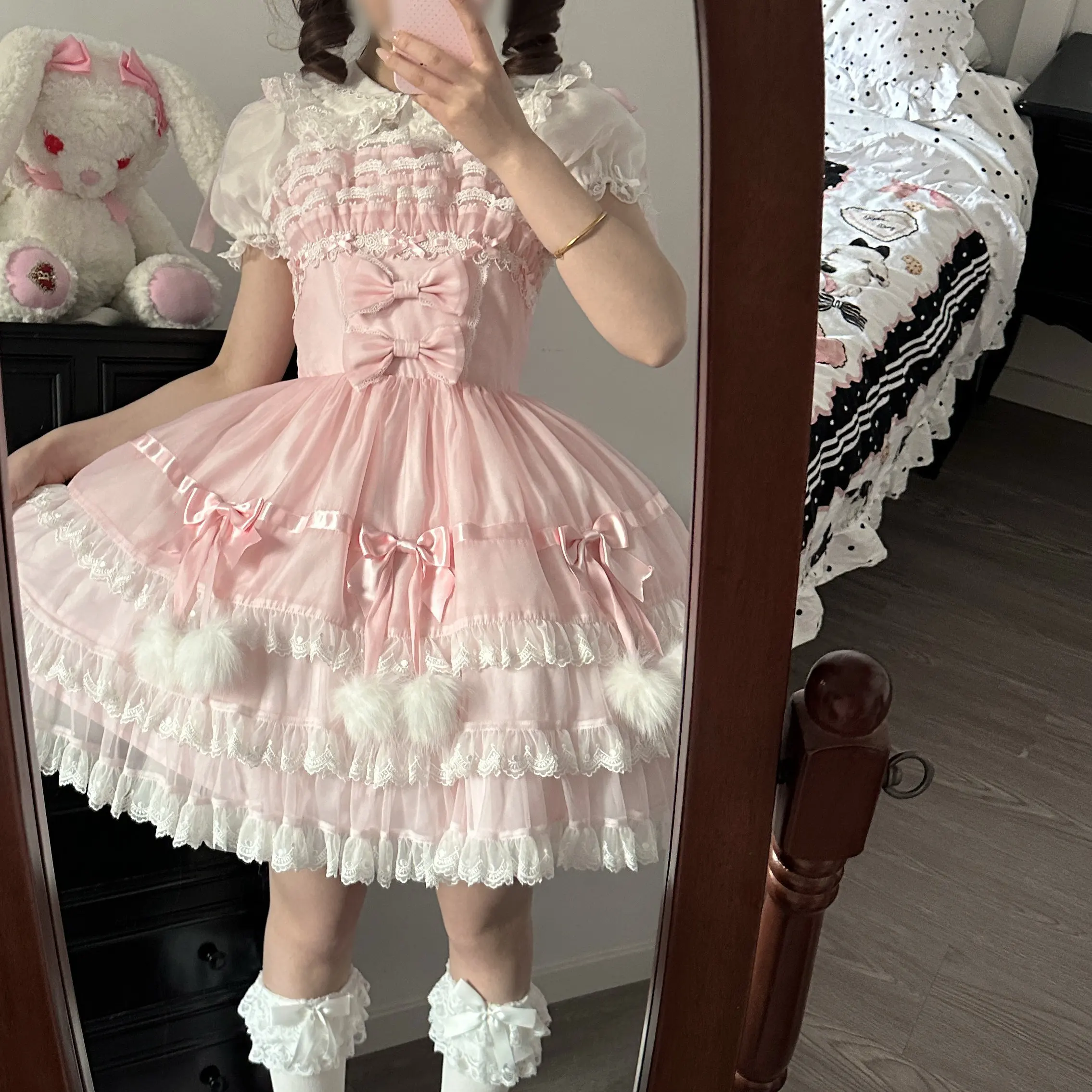 Women's Sweet Lolita Tiered Lace JSK Dress with Feather Pom-Pom Bows Cute Lolita Dress Gauze Skirt White Lolita Dress view 5