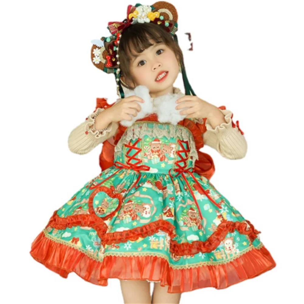 

Spanish Christmas party Lolita children's princess dress bow Girl Dress Stitching Short Sleeve Birthday Party Princess Dresses