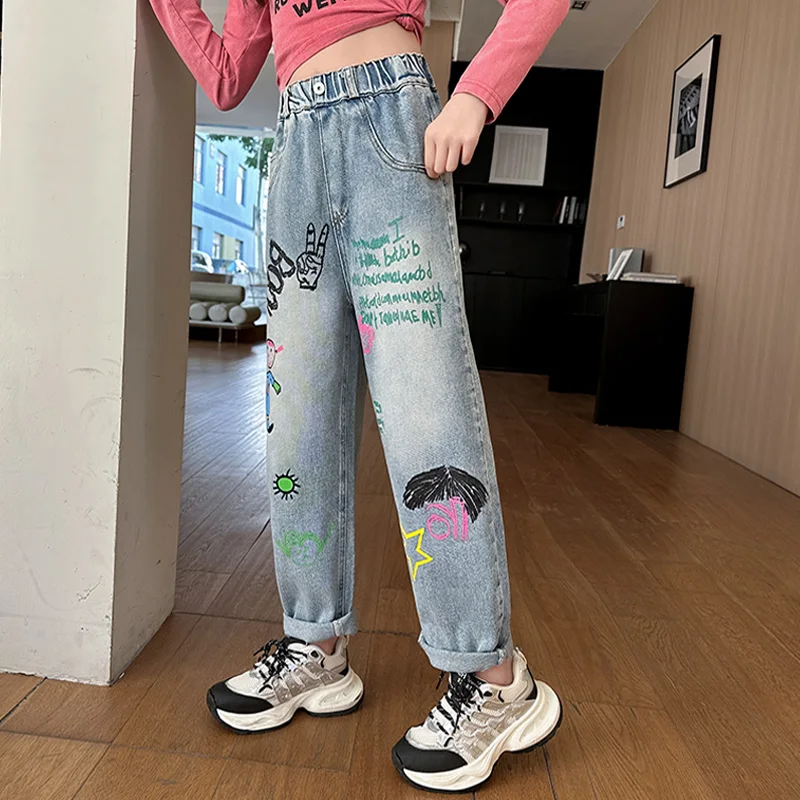Girls Doodle Denim Wide-Leg Pants Printed Straight-Leg Outdoor Wear Spring Autumn for Ages 5-15