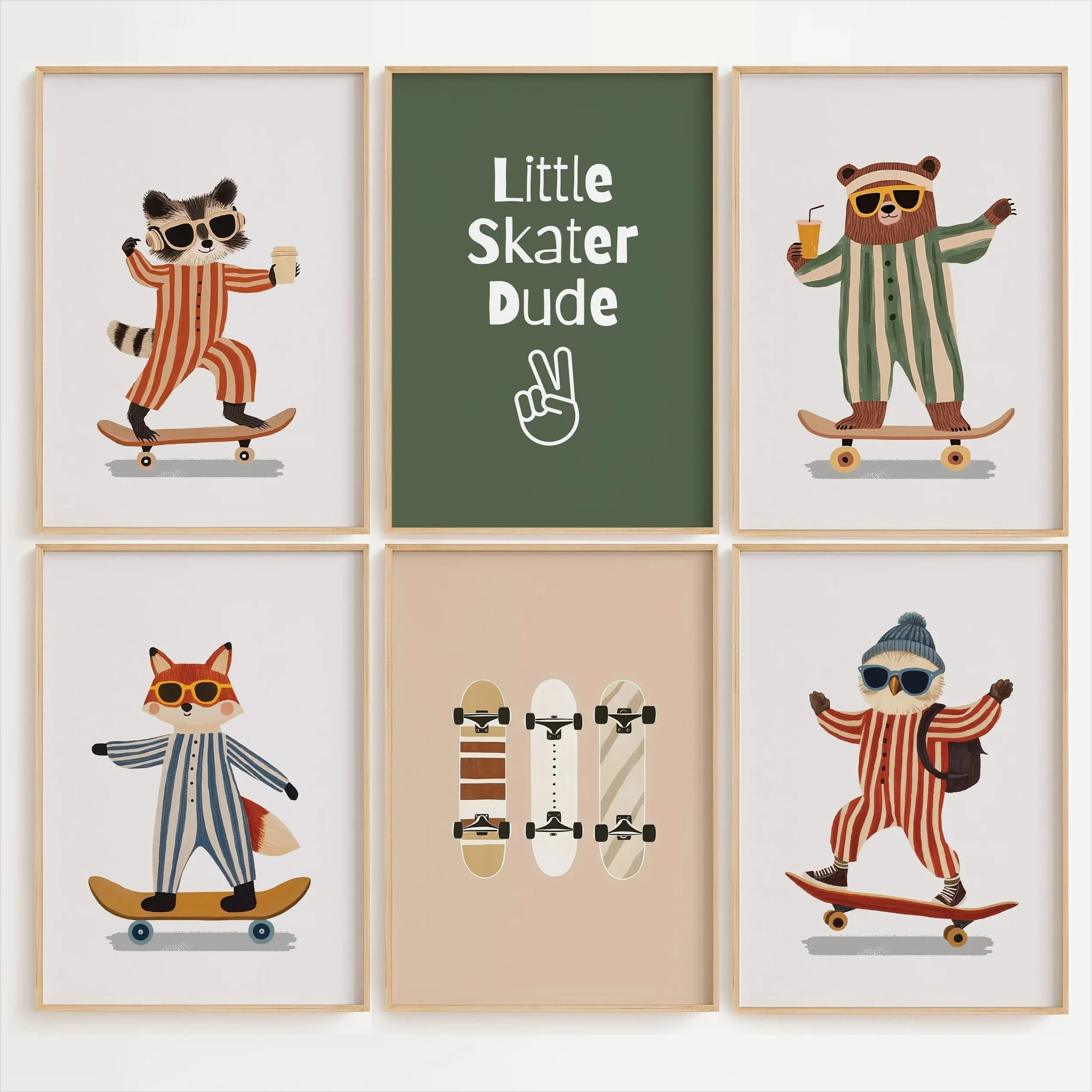 Retro Waschbär Fuchs Waldtier Skateboard Druck Panda Kinderzimmer Wandkunst Poster für modernes Wohnzimmer Kinderzimmer Home Decor Gi