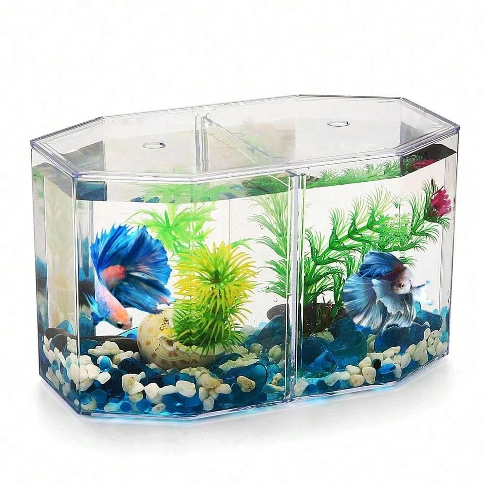 1 unidad (sin decoraciones) de pecera octogonal para Betta, pecera de alta transparencia con doble compartimento en forma de diamante, caja de aislamiento, caja de incubación, pecera pequeña tropical para escritorio.