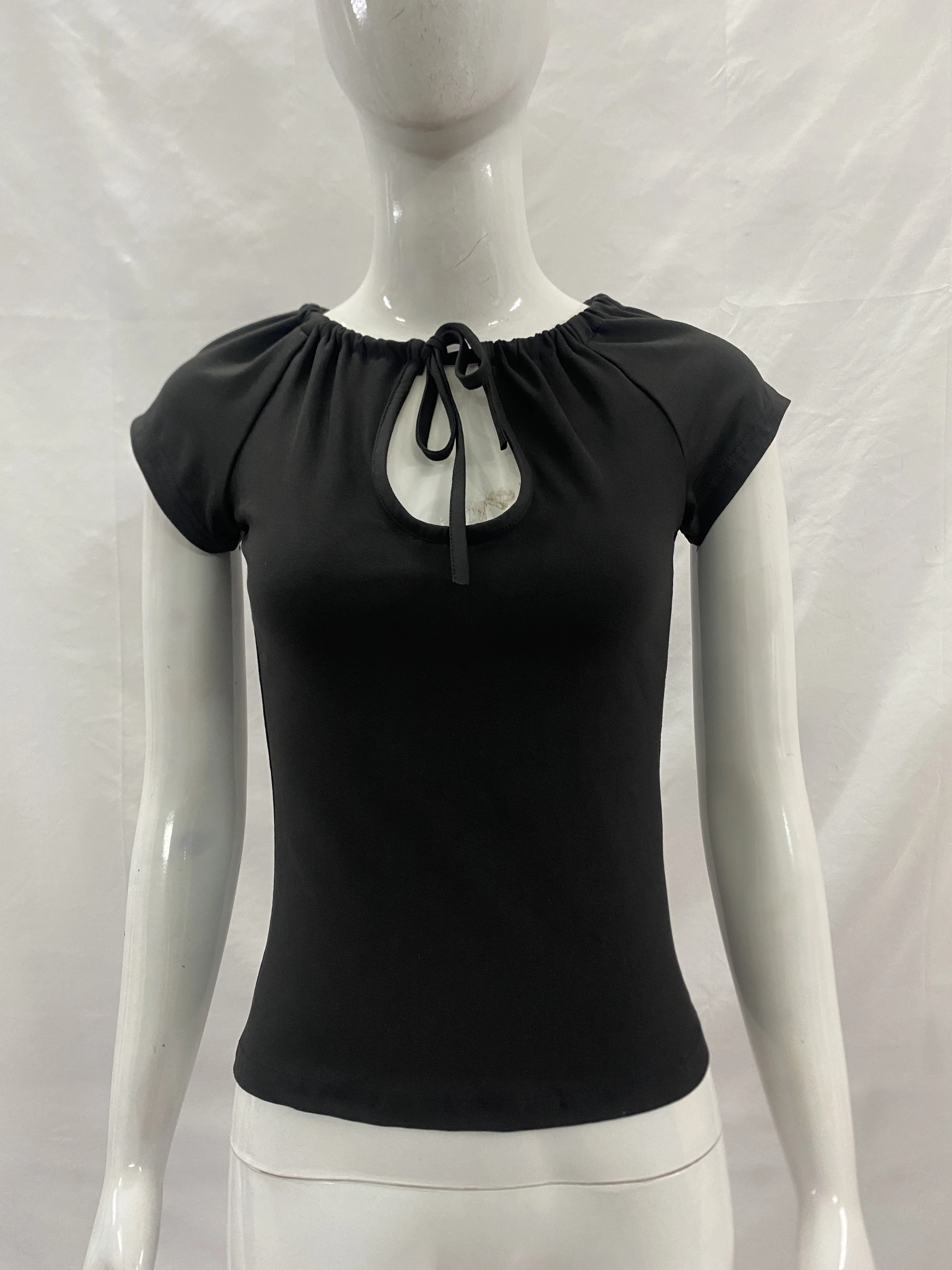 French Minimal Drawstring Keyhole Cap Sleeve T-shirt Ruched Stretch Black Cropped Hot Girl Top