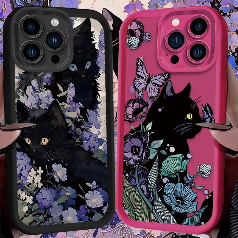 Butterfly Flowers And Black Cat For iPhone 16 15 14 13 12 11 ProMax XS Max XR 7 8 Plus Phone Case Shockproof Soft Silicone Cover