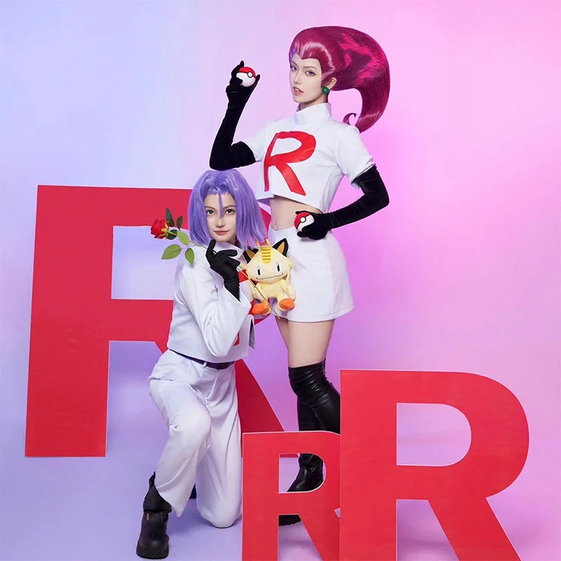 أزياء فريق البوكيمون روكيت التأثيرية مجموعة كاملة من أزياء جيسي موساشي وجيمس كوجيرو أزياء الهالوين التأثيرية للنساء والرجال