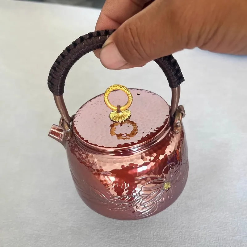 Reines Kupfer, maßgeschneiderter Wasserkocher, seitlicher Griff, Teekanne, Kung-Fu-Tee, kleines geprägtes gemustertes, exquisites Geschenk