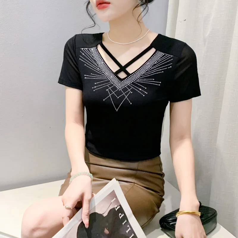 M-3XL Summer New Short Sleeved Mesh T-Shirt Fashion Hollow Hot Diamond Women's Tops Solid Color High Stretch Clothes