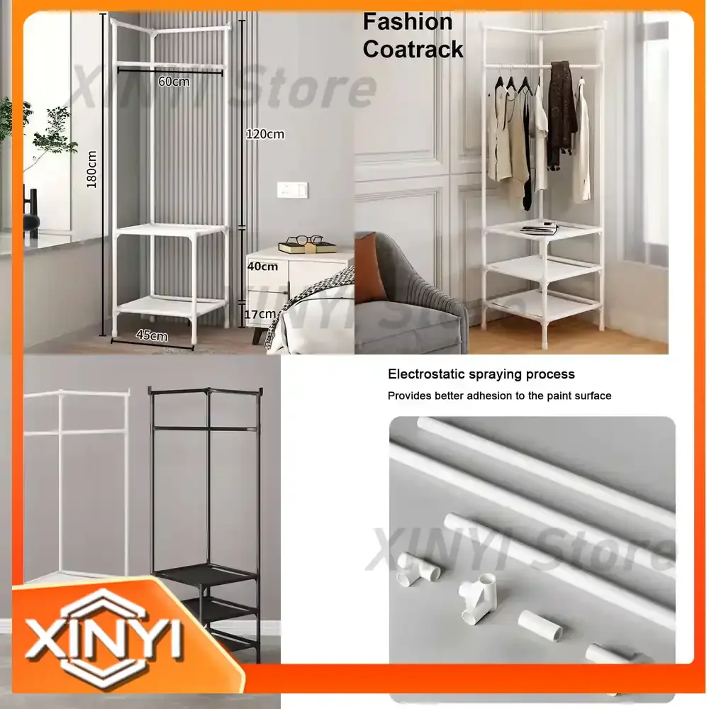 2 Layers Floor Standing Clothes Hanger for Shoe Storage Shelf Corner Coat Rack Clothes Organizer Closet Storage Solution