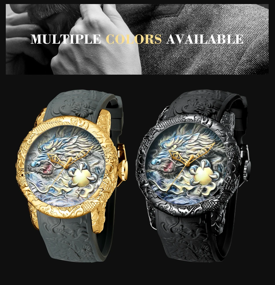 BIDEN men's luxury large dial 3D carved dragon dial waterproof quartz watch comes with a delicate watch box as a gift