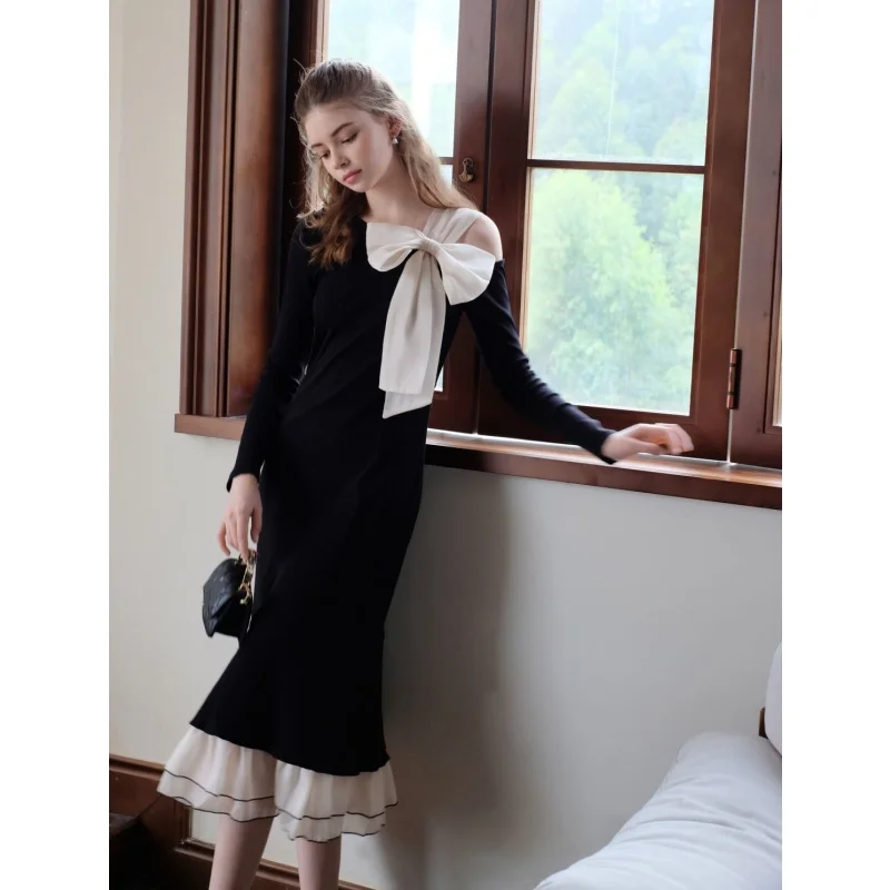 

Women's French Graceful Bowknot Ruffle Trumpet Dress Lady Autumn Winter Black Slim Long Sleeve Mermaid Dresses New Clothing