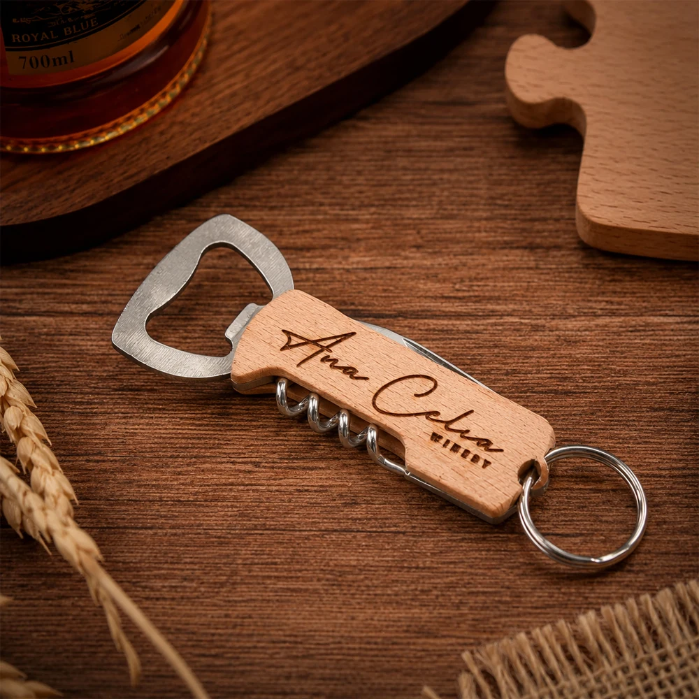 60pcs Personalized Beer/Wine Bottle Opener Custom Engraved Wooden Bottle Opener Keychain ,Multifunctional Bottle Opener Keychain