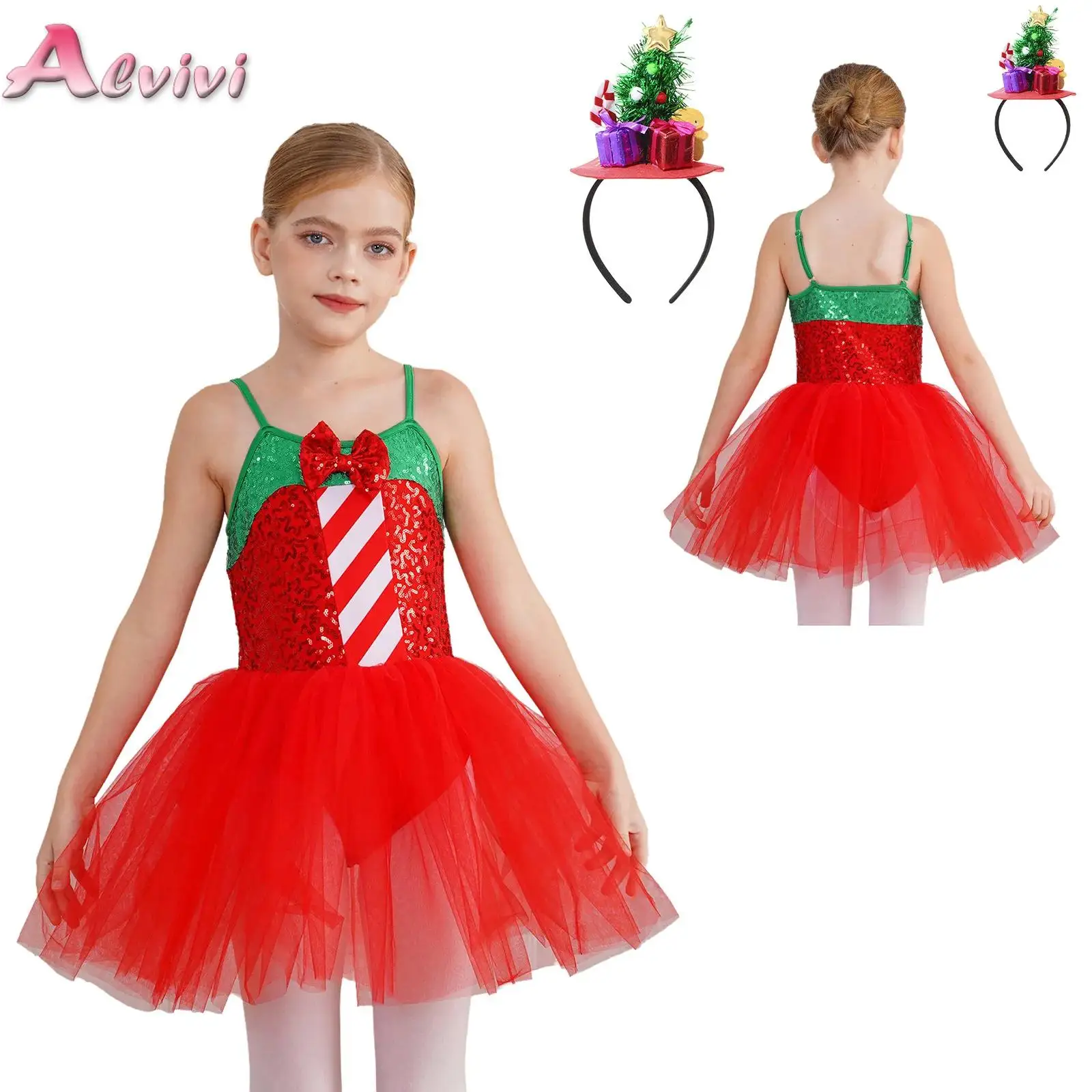 

Girls Elf Christmas Dress Sequin Candy Cane Stripes Santa Claus Cosplay Costume Tulle Mesh Tutu Ballet Leotard with Hair Hoop