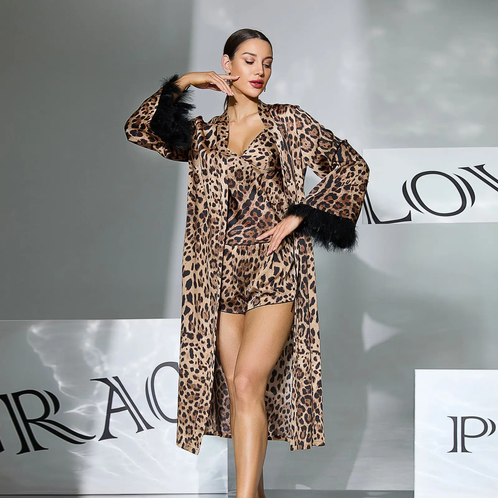 Imitation Acetic Acid Leopard Print Nightgown Set Mao Mao Cuffs Suspender Shorts Can Be Worn Outside Women's Loungewear