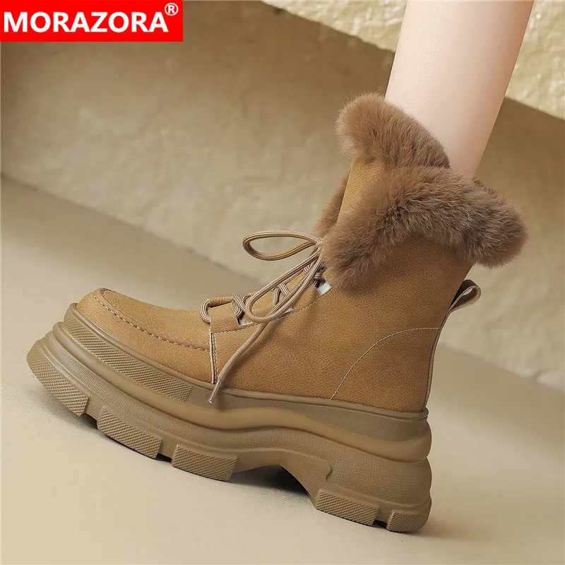 

MORAZORA Genuine Leather Snow Boots Women Lace Up Platform Winter Boots Fashion Round Toe Wool Blend Ankle Boots For Women Shoes