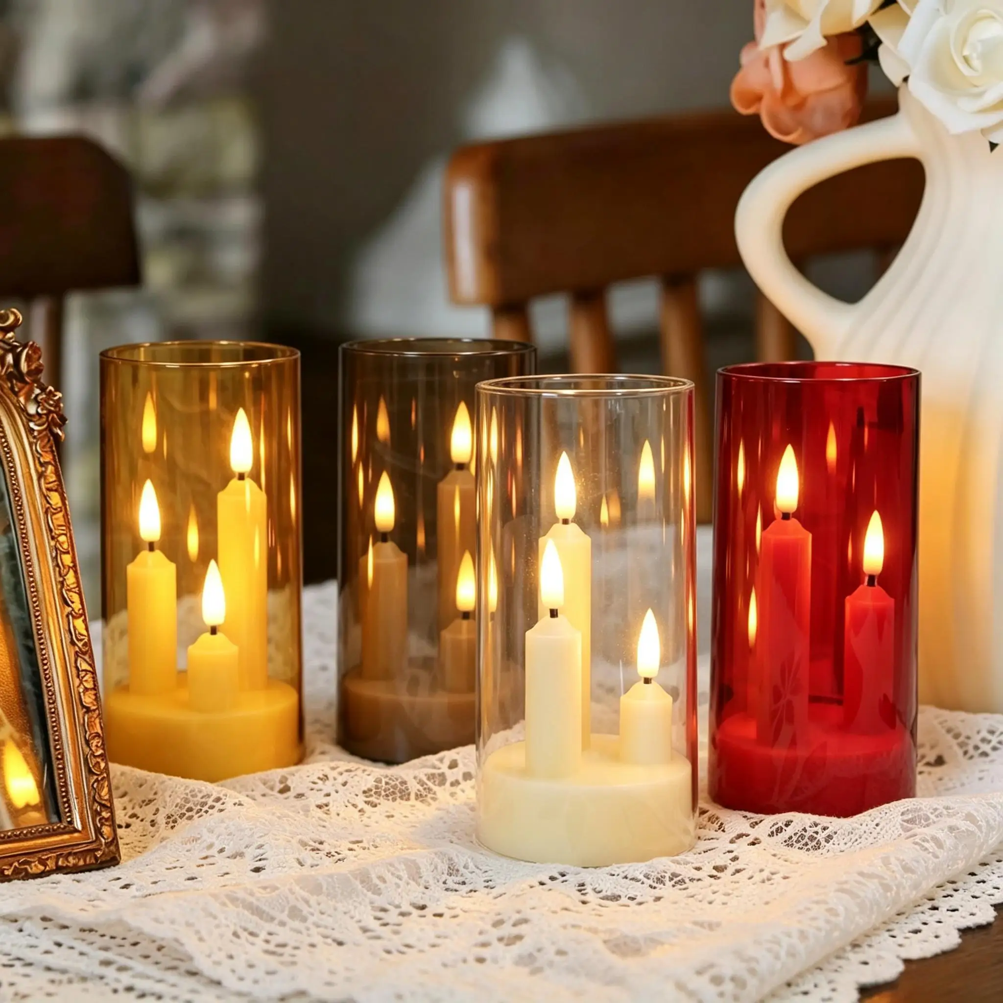 Flameless  Acrylic Short 3 in 1 Taper Candles Warm Light Flickering Flameless Pillar LED Electronic Tealight Battery Operated Realistic Home Decor