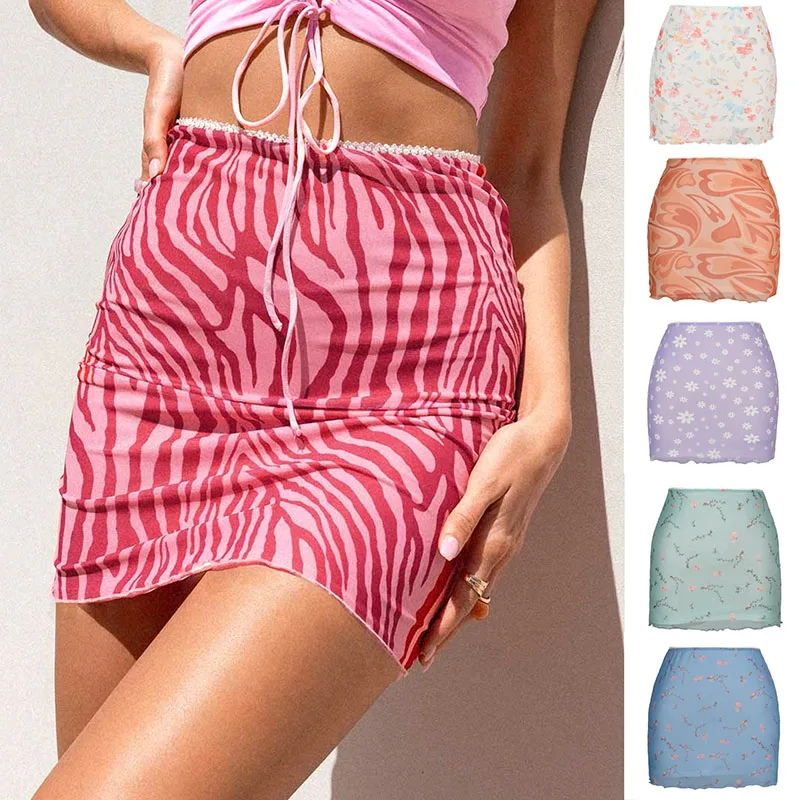 Sexy Lace Elastic Waist Package Hip Skirts Women Summer Sheer Hot Girl Beach Mini Skirt Woman Y2K Leopard Print Clubwear Skirts