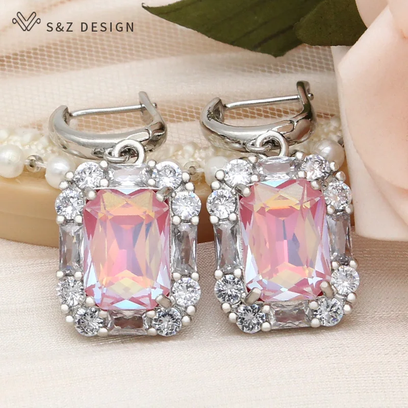 S&Z DESIGN New Fashion Rectangle Crystal Dangle Earrings For Women 585 Rose Gold Color Wedding Jewelry Cubic Zirconia Eardrop