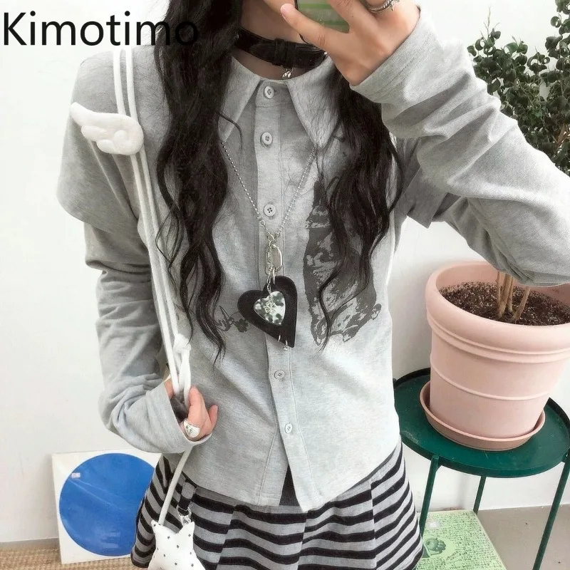 Kimotimo Y2k Vintage Rabbit Print Long Sleeve Tops Women Autumn Patchwork Slim Single Breasted T-shirt Harajuku Casual Tees Ins