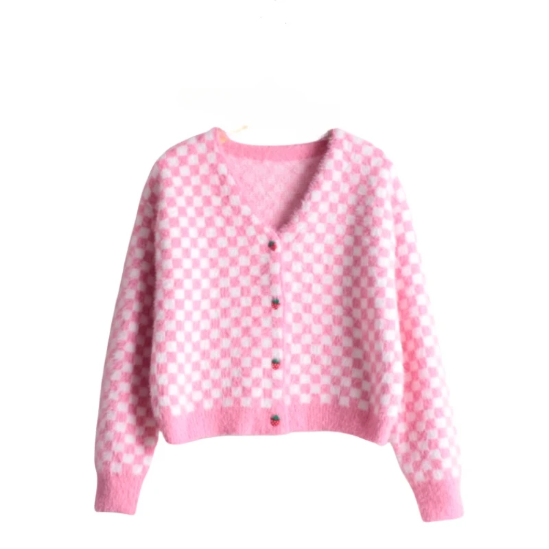 Women Kawii Pink White Crop Cardigan Sweaters 2024 Girls Cute Plaid Chess Knitwear Coat Korean Fashion Long Sleeve Top Outwears