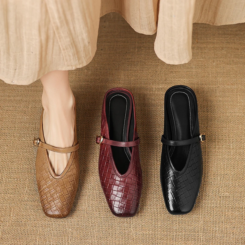 2026 new summer women sandals natural leather 22-25cm Plaid cowhide+sheepskin square toe mules buckle high heel women slippers