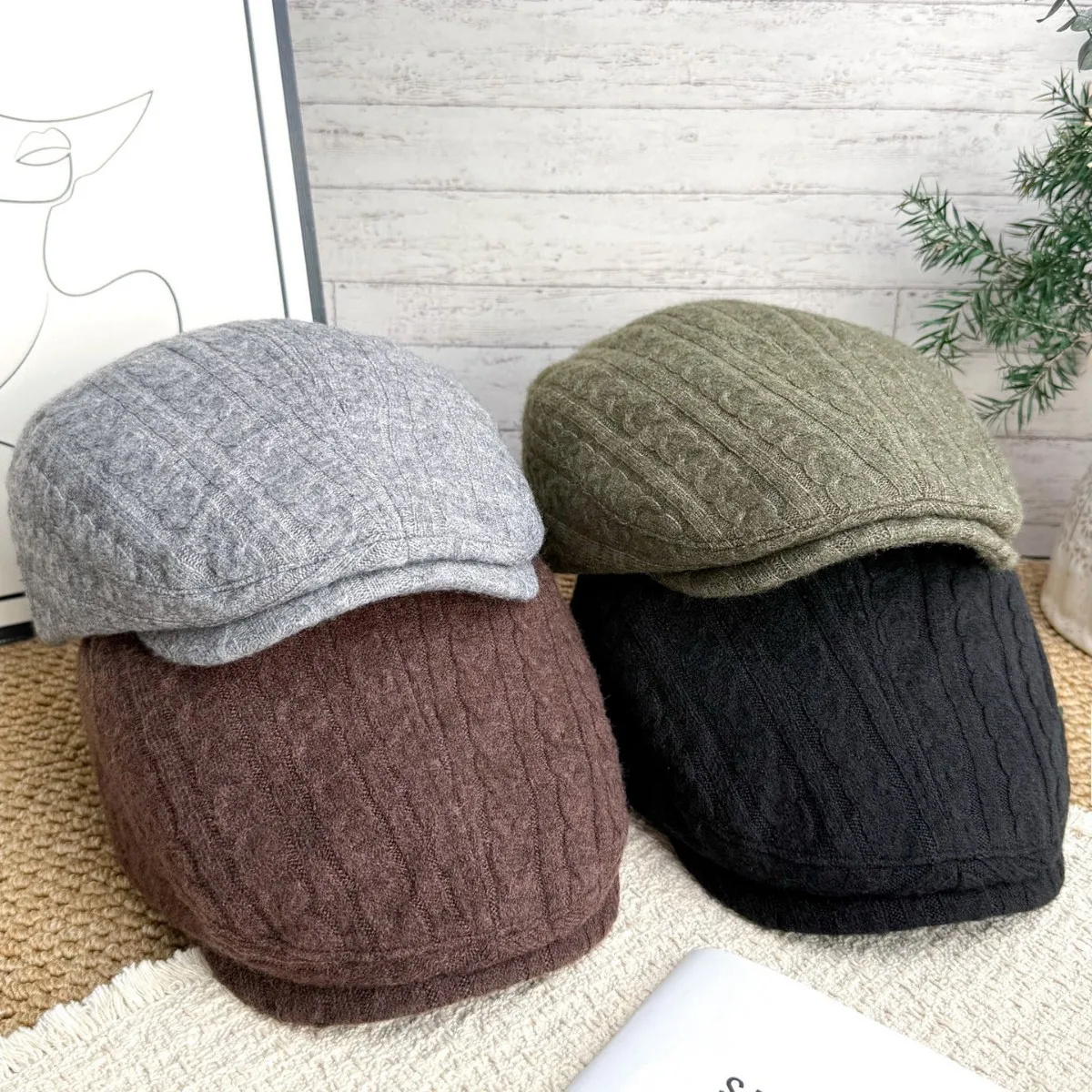 Men Vintage Cable Knit Flat Cap Grey Knitted Texture Ivy Hat Adjustable Back Buckle Fall Winter Warm Casual Headwear