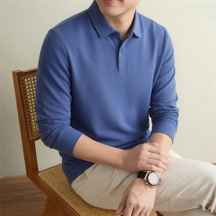 100% Mercerisierte Baumwolle Einfarbiges Business-Casual-Oberteil Herren Old Money Style Langarm-Poloshirt – Detail 28
